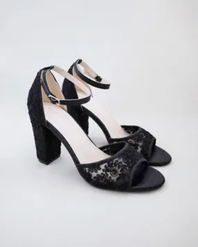 Black Crochet Lace Evening Block Heel Sandals