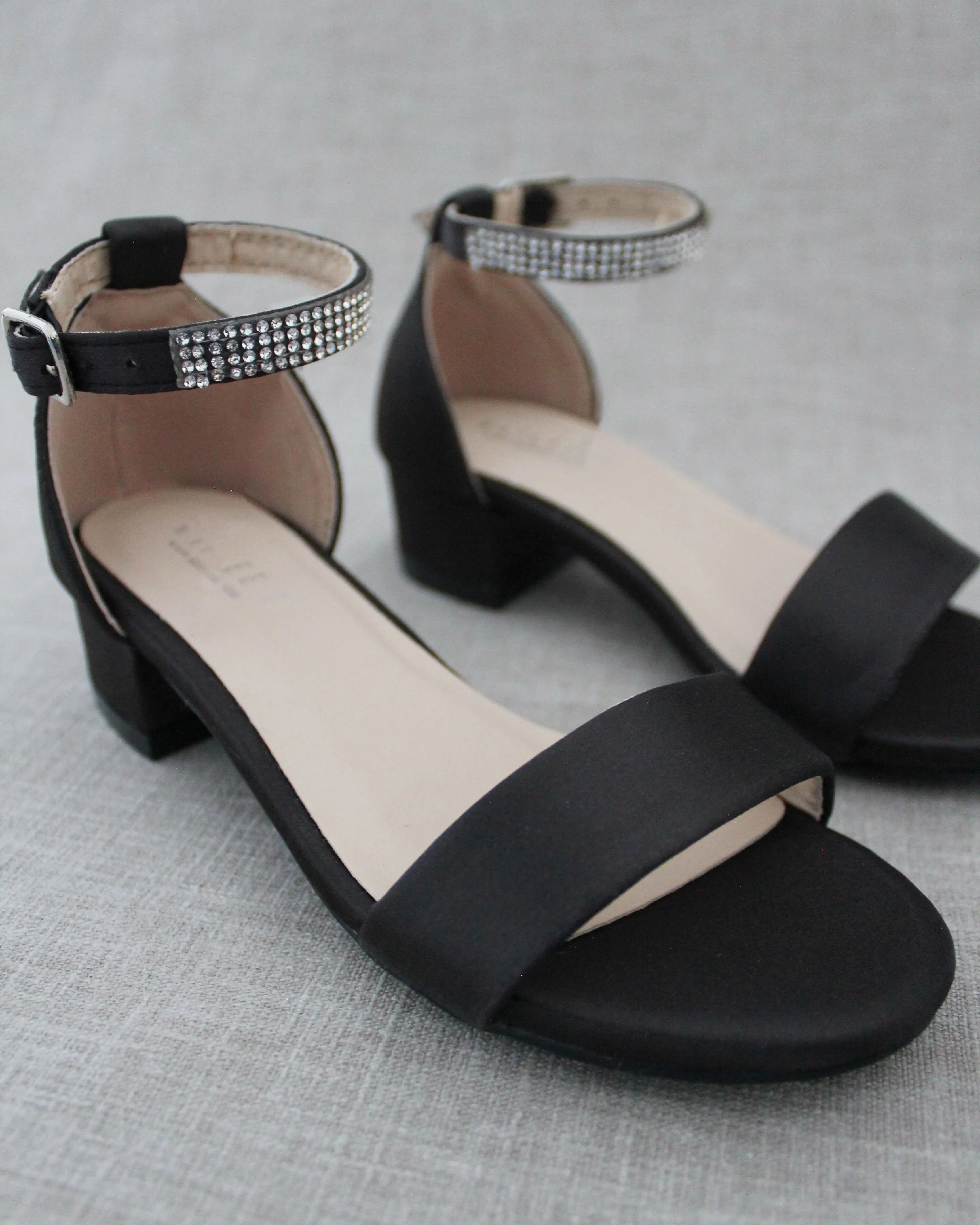 Black Satin Girls Block Heel Sandals with Mini Rhinestones Embellished Ankle Strap