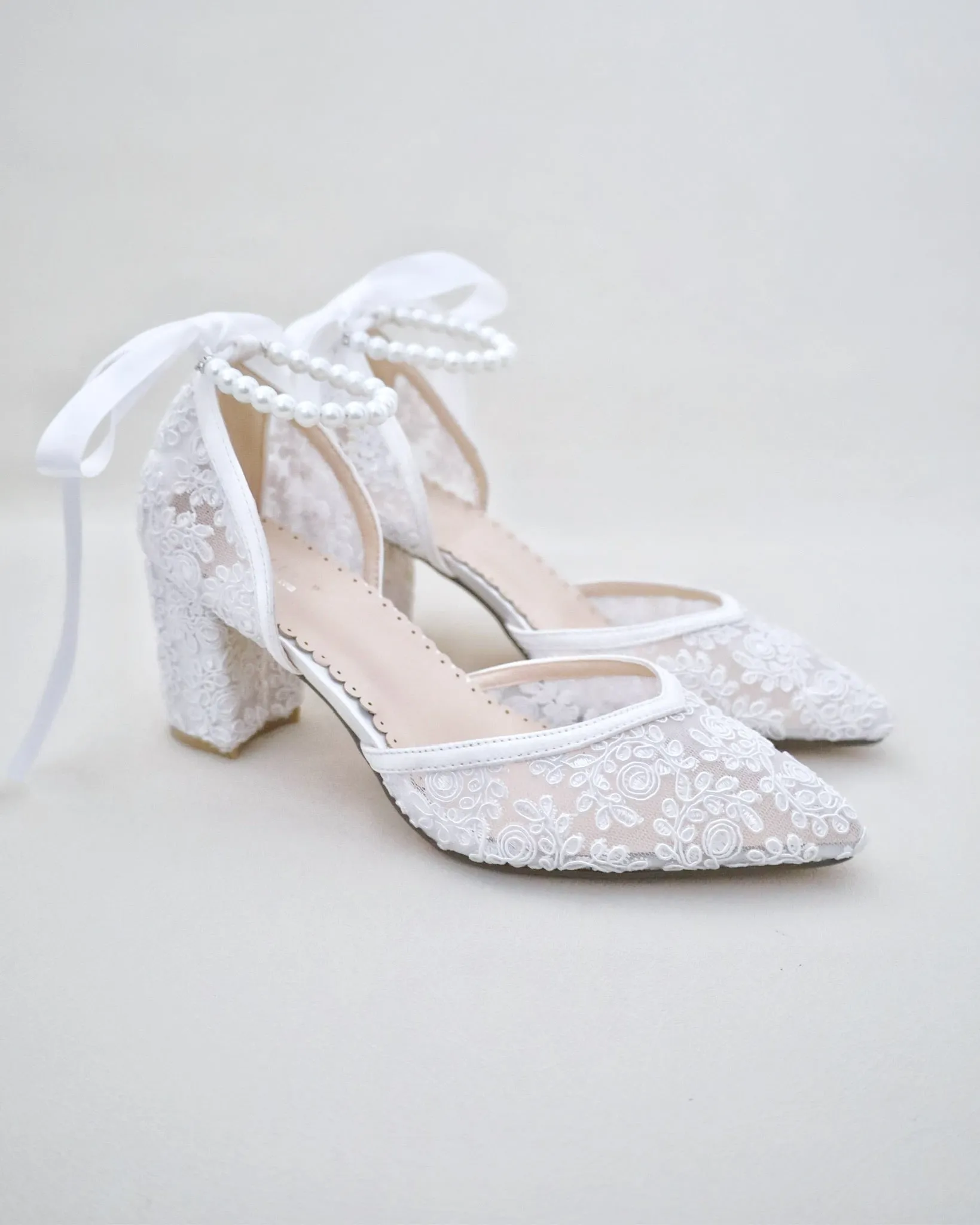 Bridal Lace Block Heel with Pearls Strap