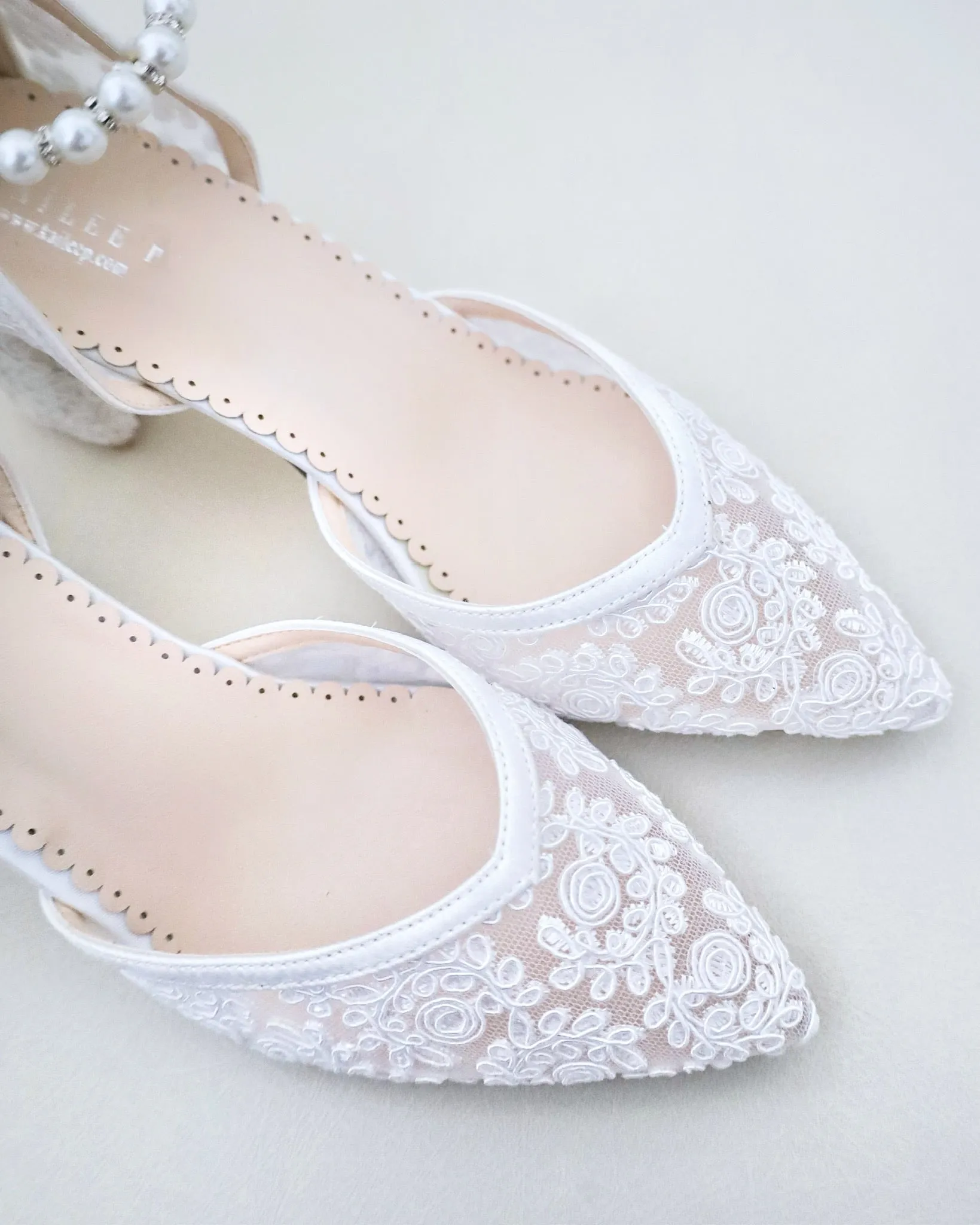 Bridal Lace Block Heel with Pearls Strap