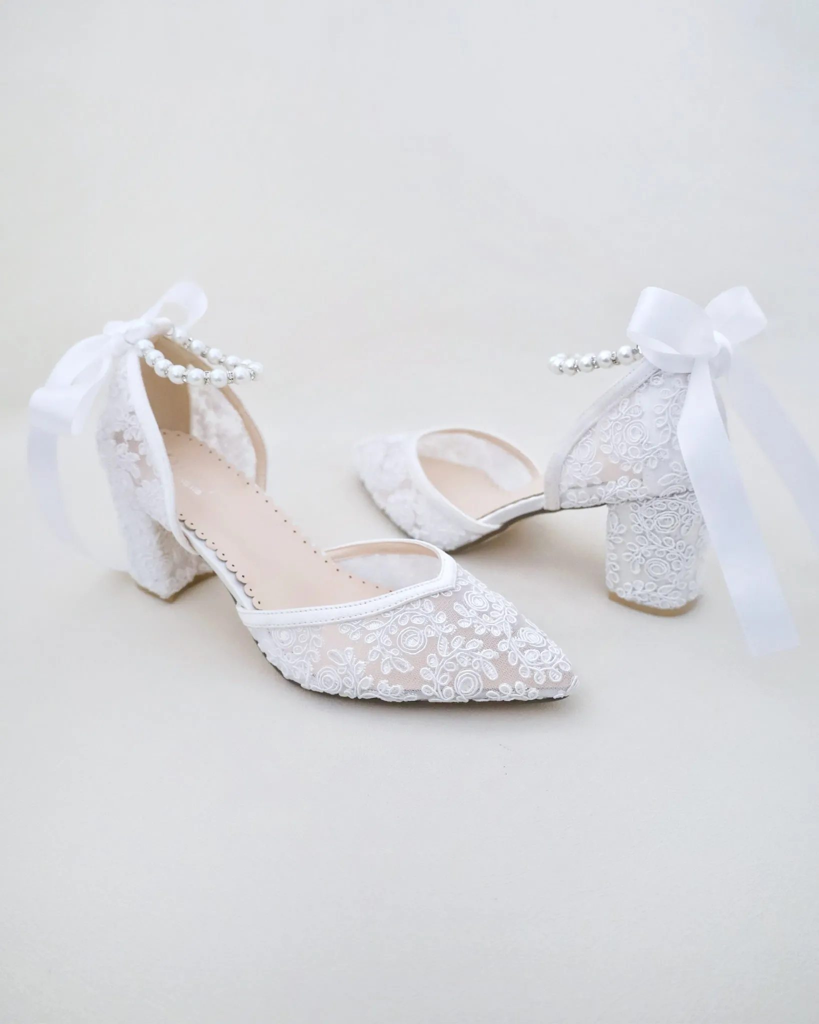 Bridal Lace Block Heel with Pearls Strap