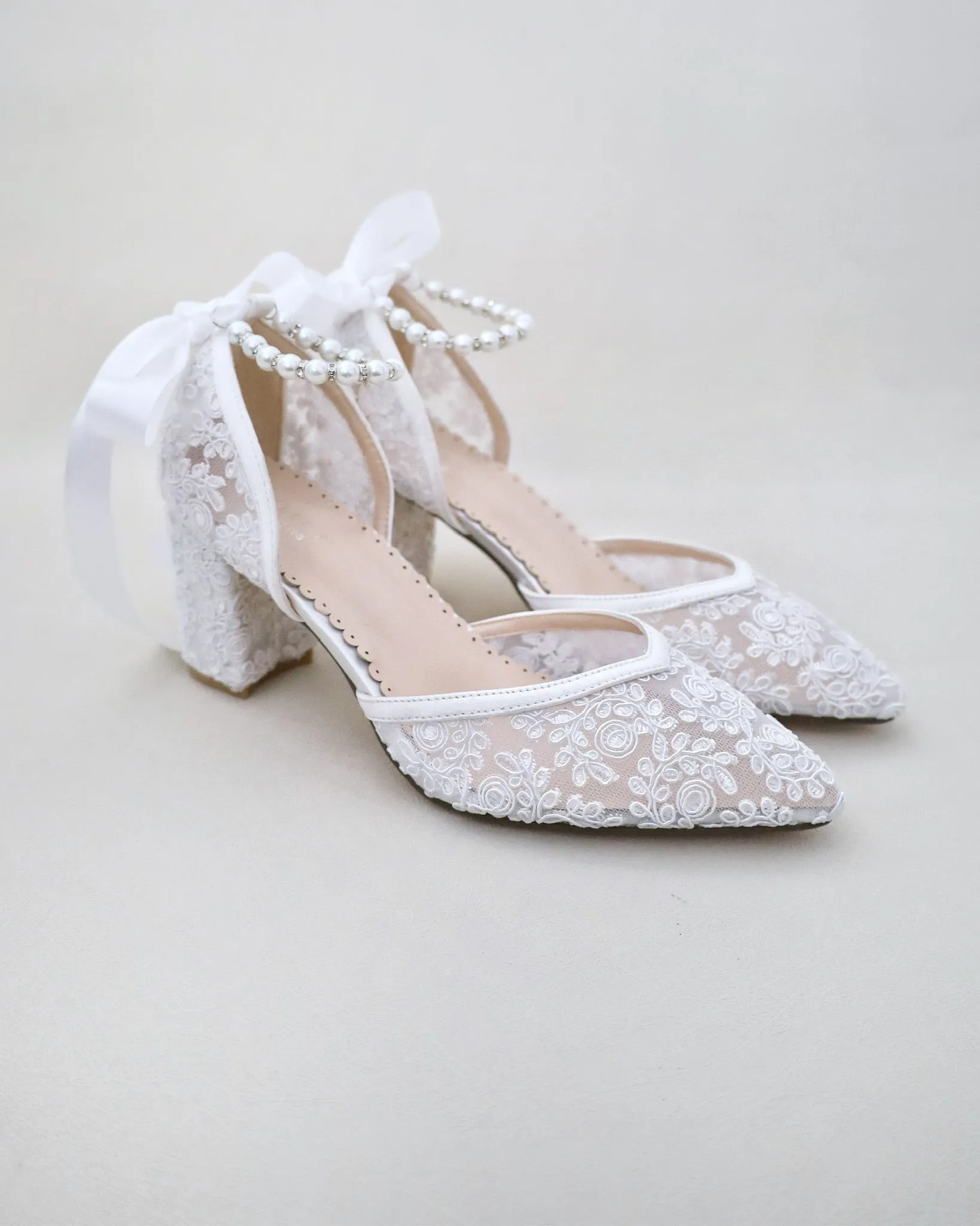 Bridal Lace Block Heel with Pearls Strap