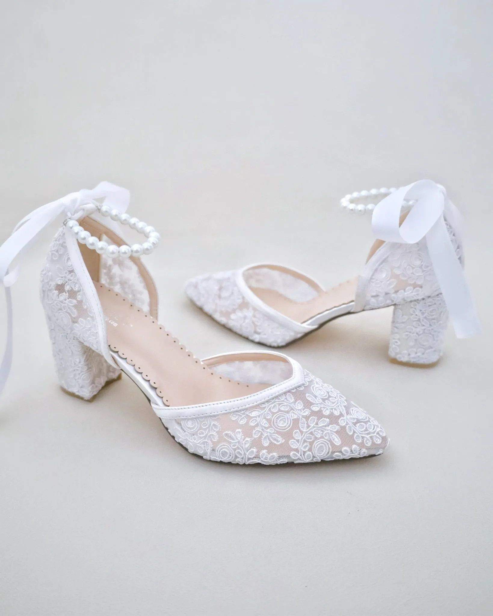 Bridal Lace Block Heel with Pearls Strap