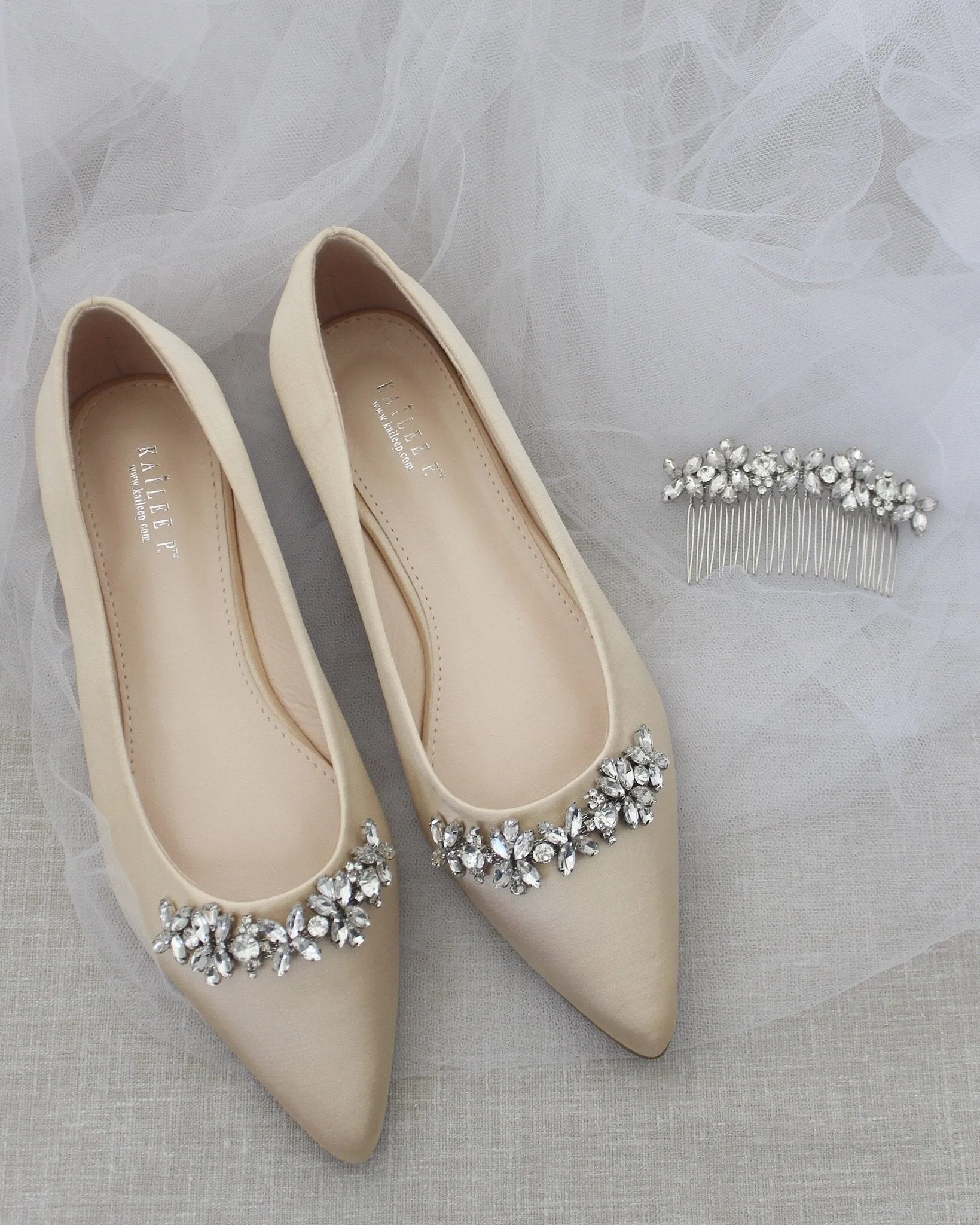 Champagne Evening Flats with Floral Rhinestones Details