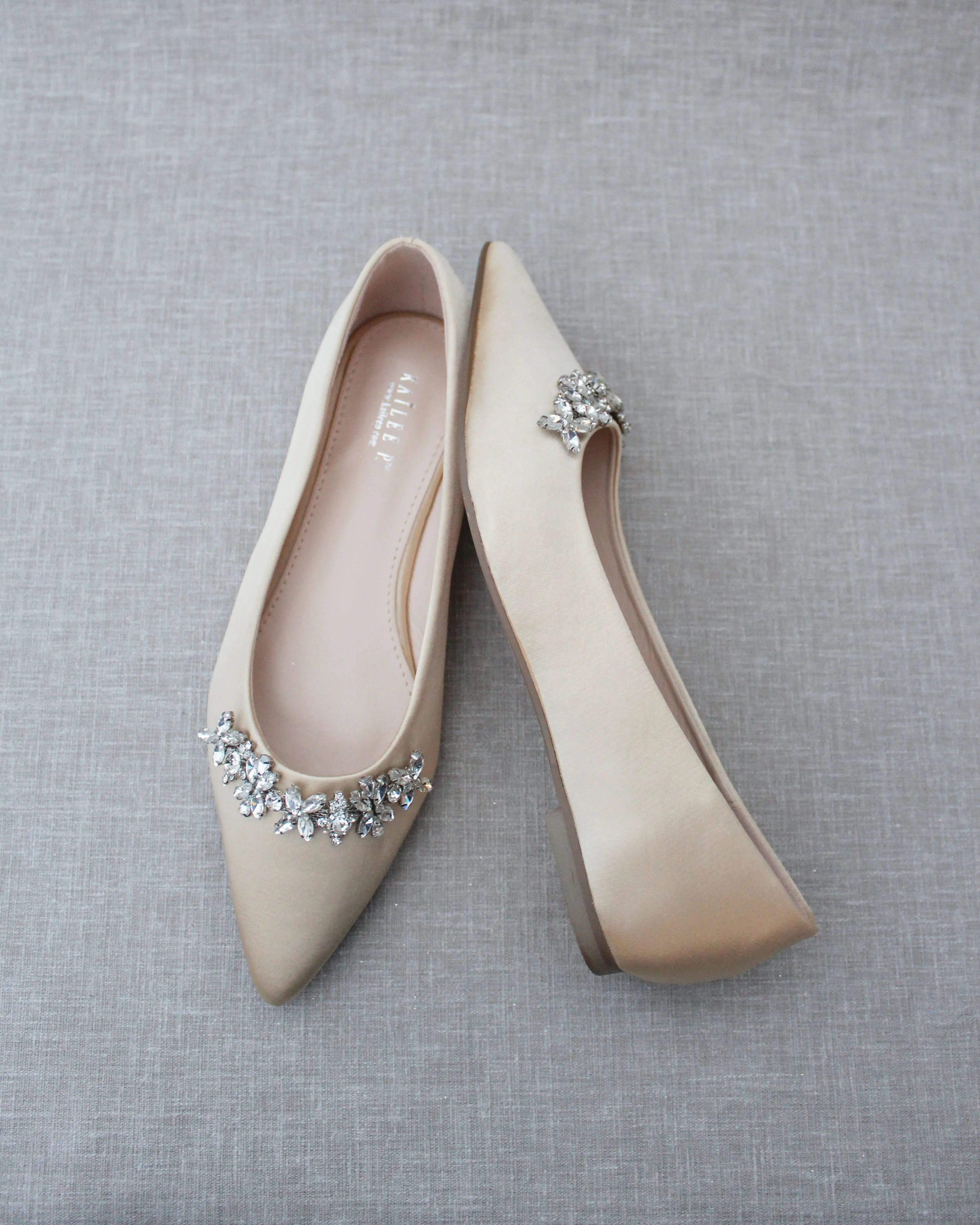 Champagne Evening Flats with Floral Rhinestones Details