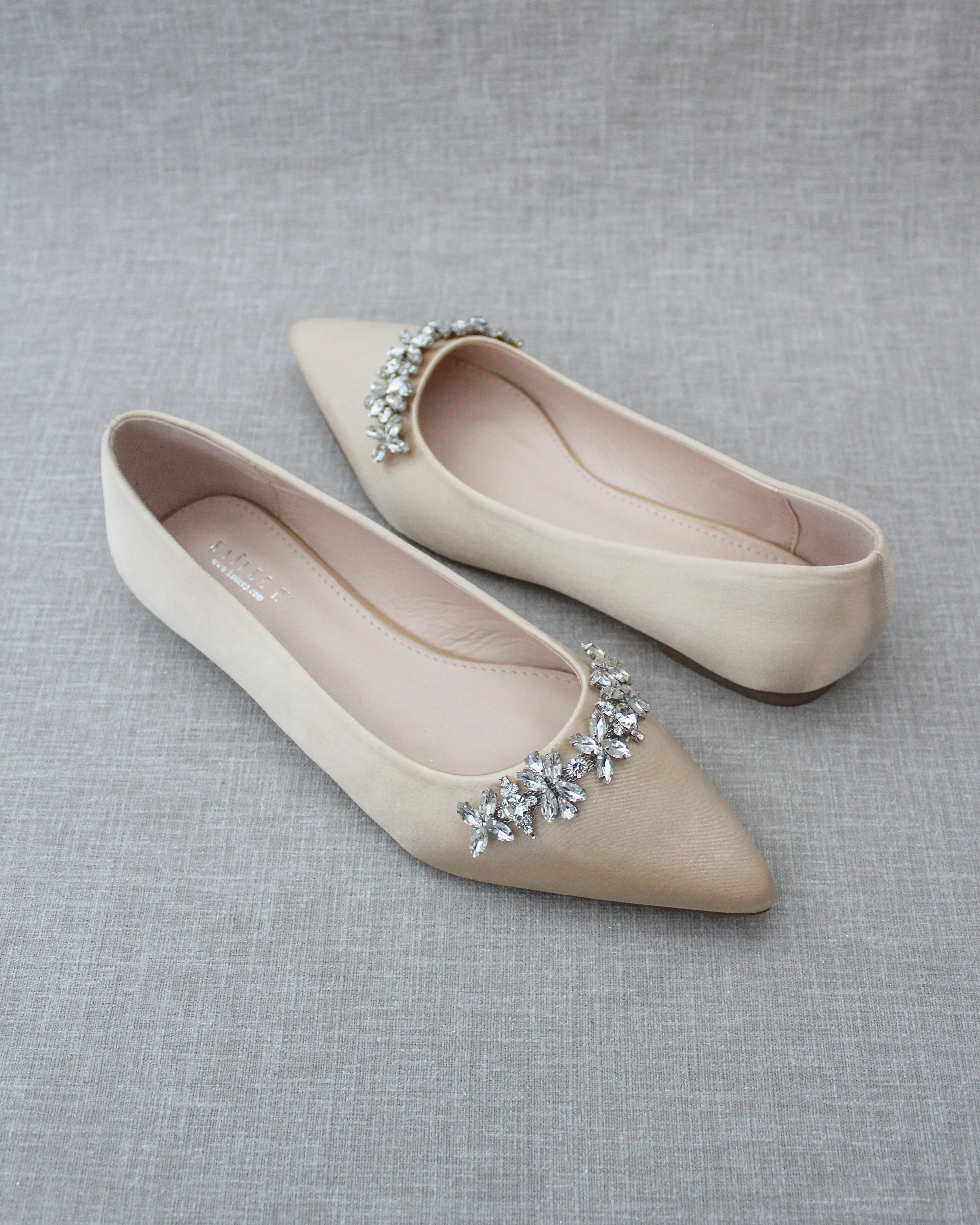 Champagne Evening Flats with Floral Rhinestones Details