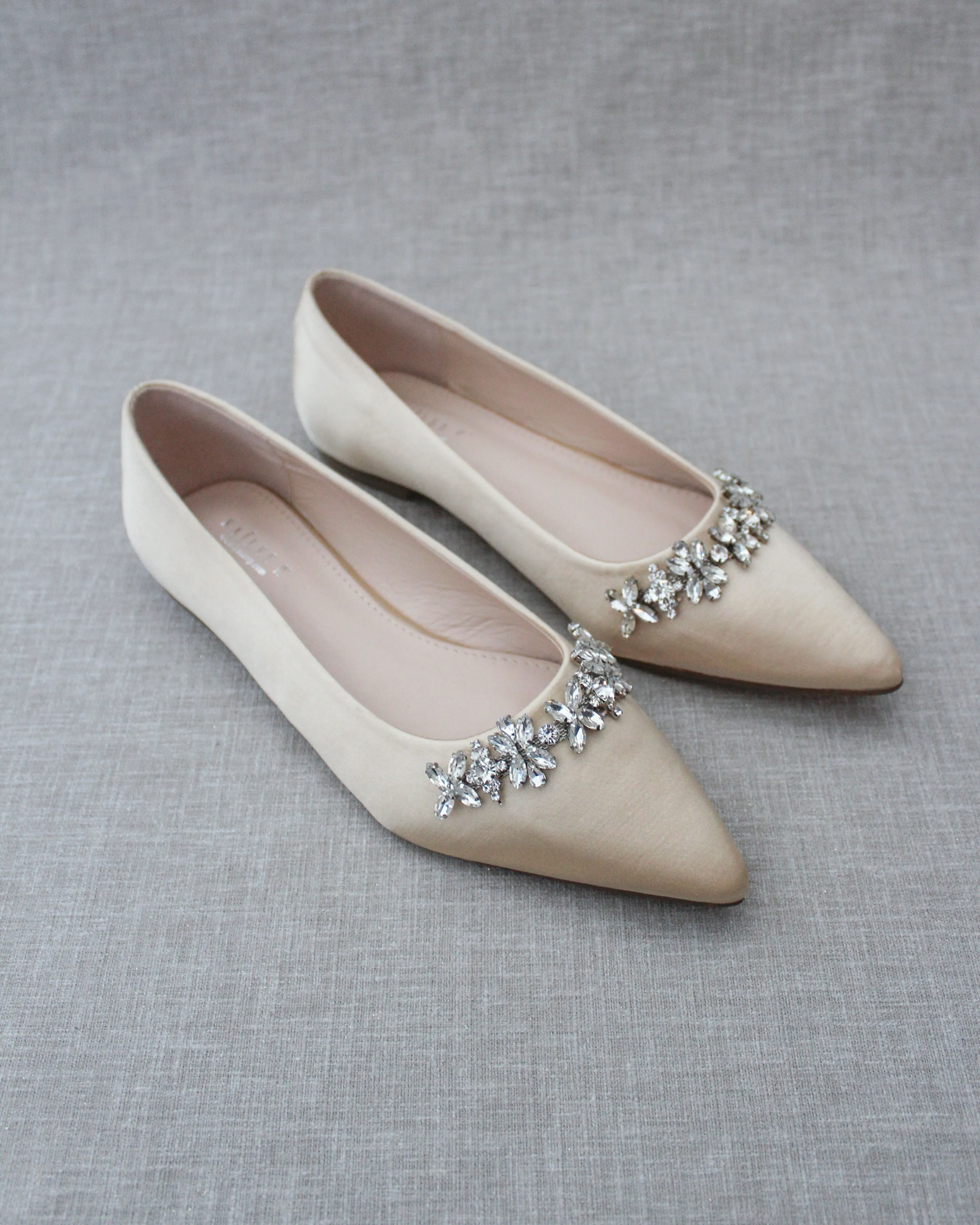 Champagne Evening Flats with Floral Rhinestones Details