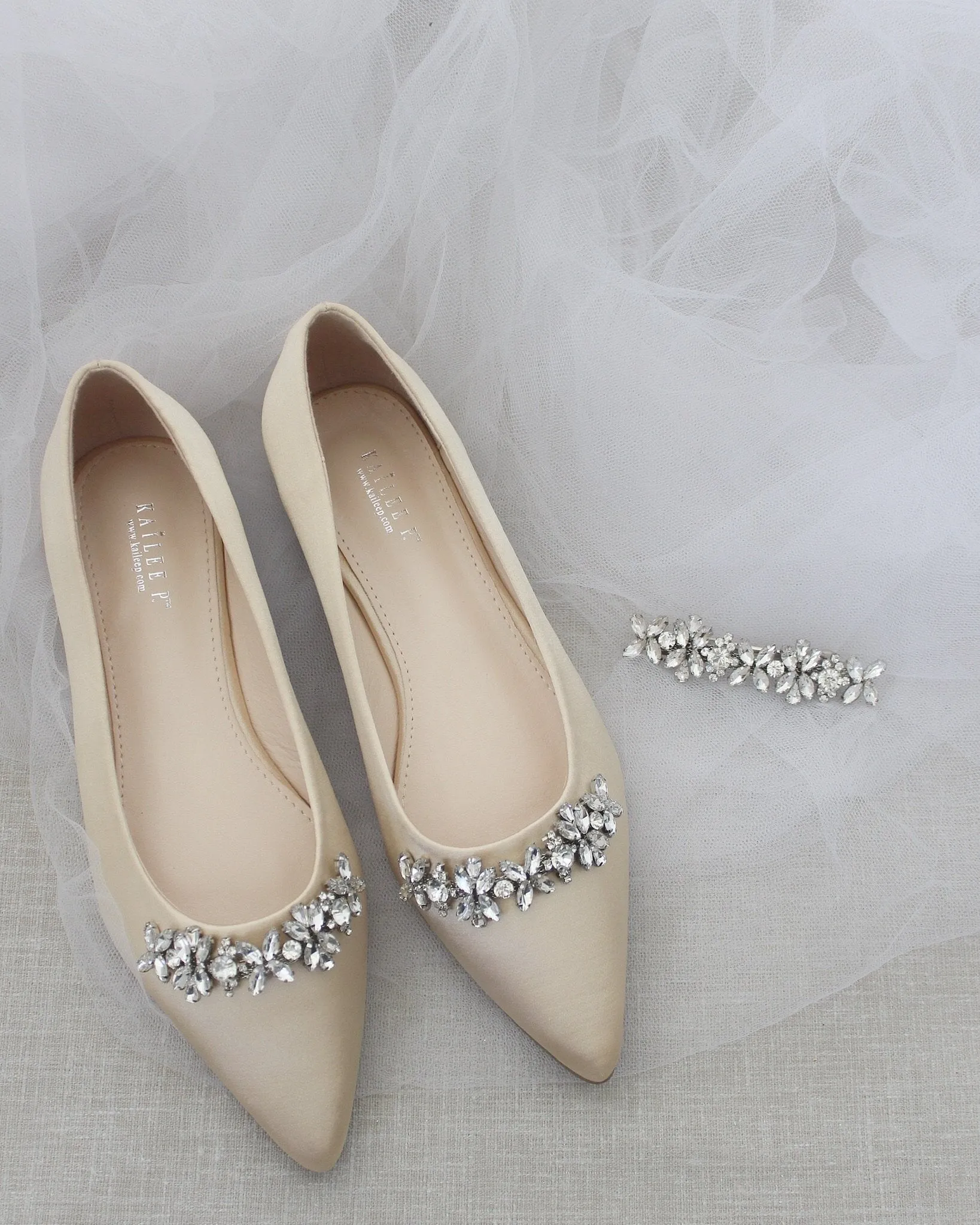 Champagne Evening Flats with Floral Rhinestones Details