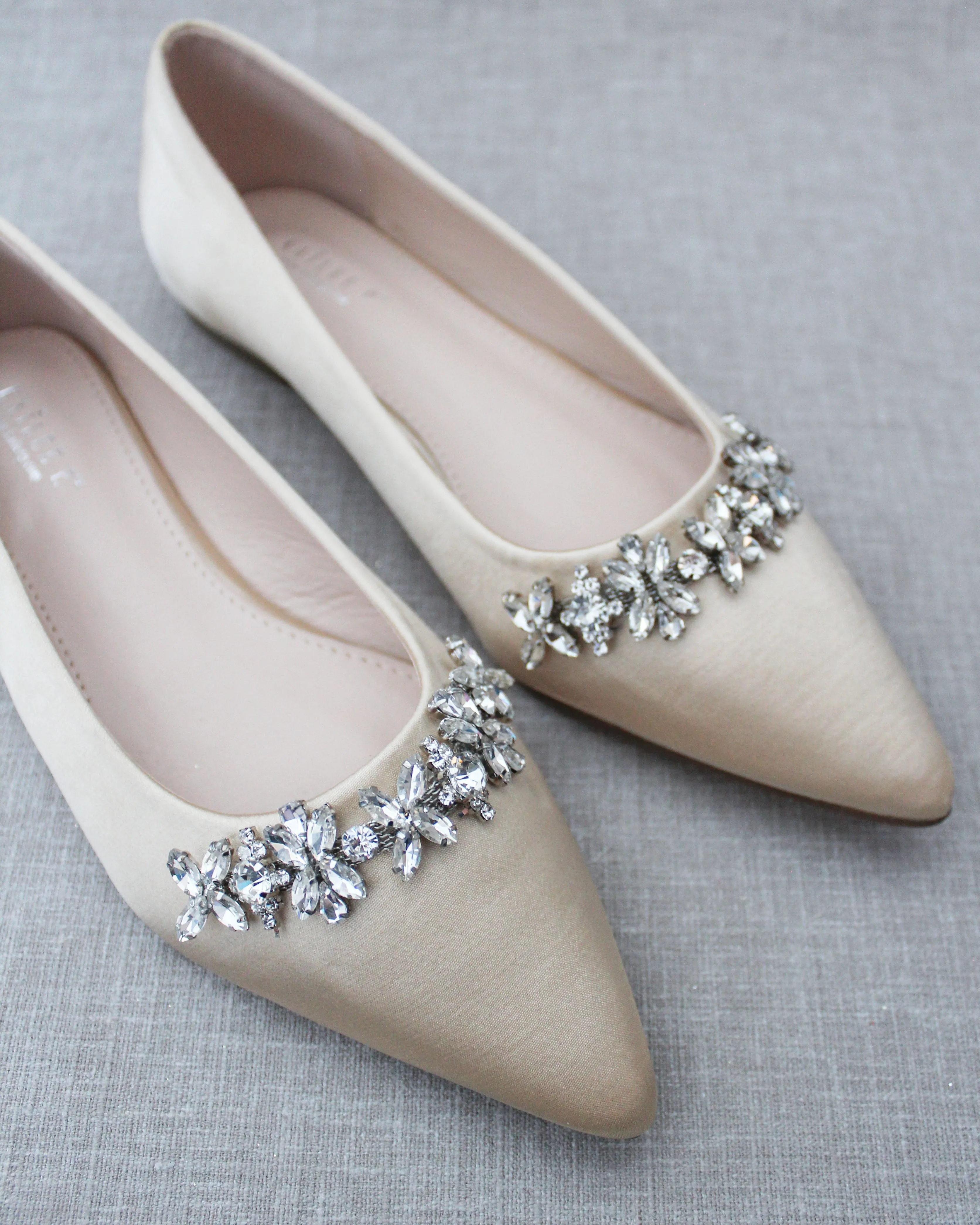 Champagne Evening Flats with Floral Rhinestones Details