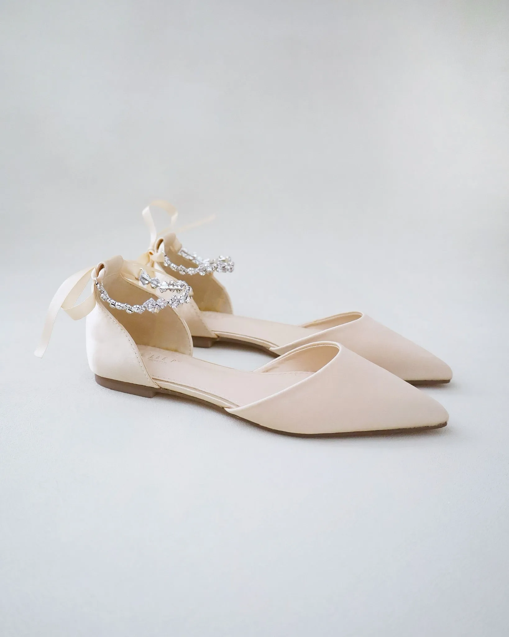 Champagne Satin Pointy Toe Evening Flats with Amaryllis Strap