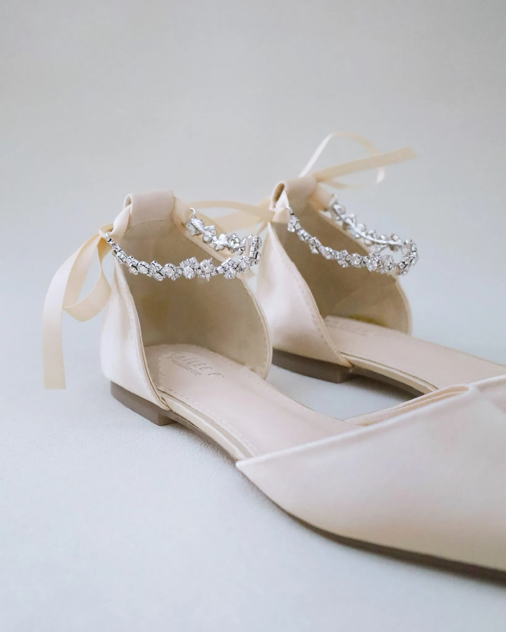 Champagne Satin Pointy Toe Evening Flats with Amaryllis Strap