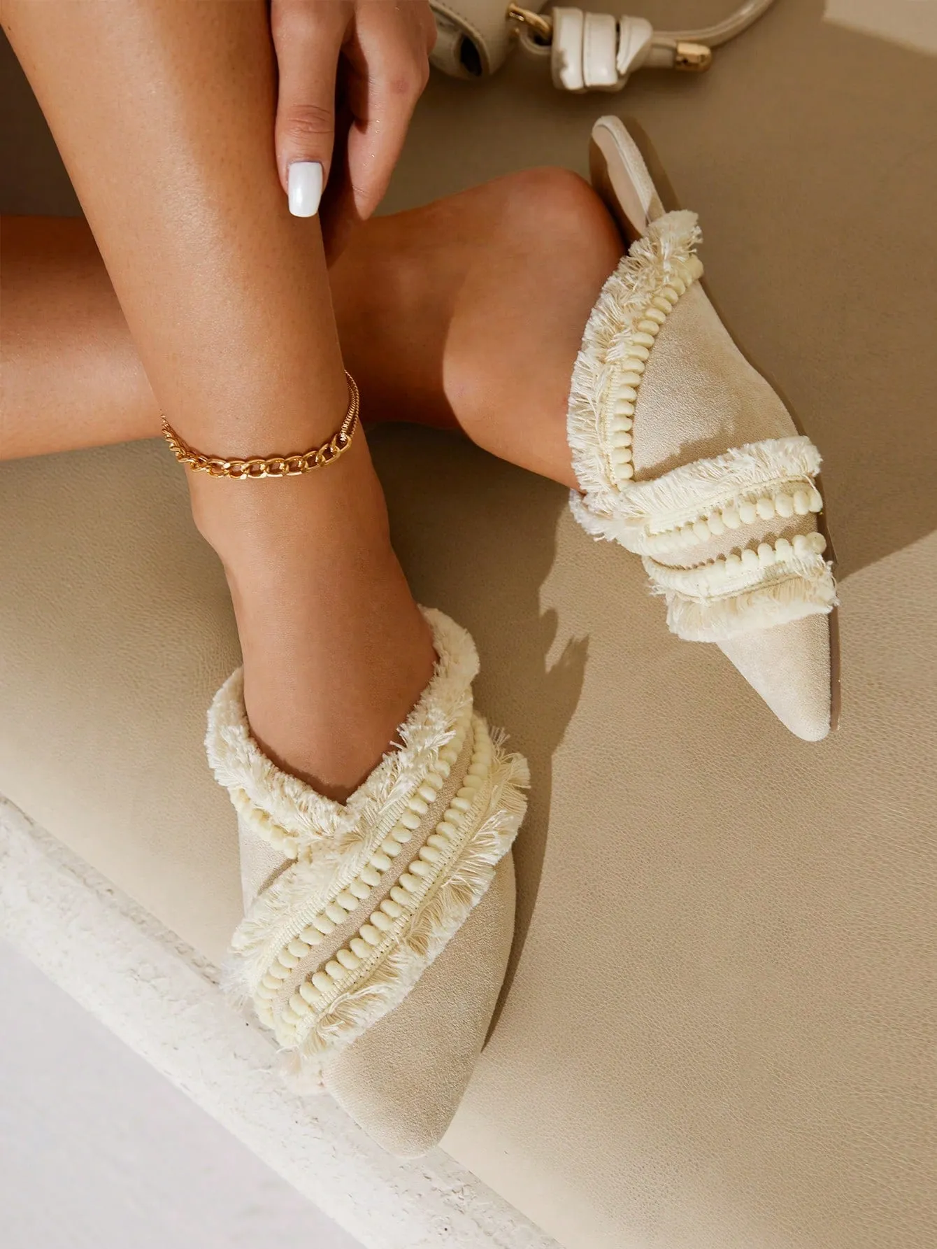 CUCCOO CHICEST Women Beige Pom Pom & Ruffle Decor Vacation Fluffy Suede Mules Vacation Shoes Summer Sale Elegant Flats