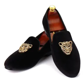 Harpelunde Men Velvet Loafer Shoes Animal Buckle Black Dress