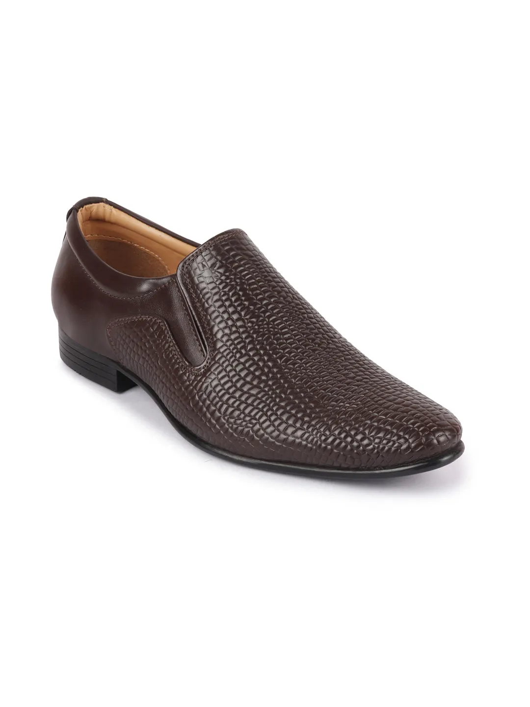 Men Brown Embossed Design Formal Leather Slip On Shoes