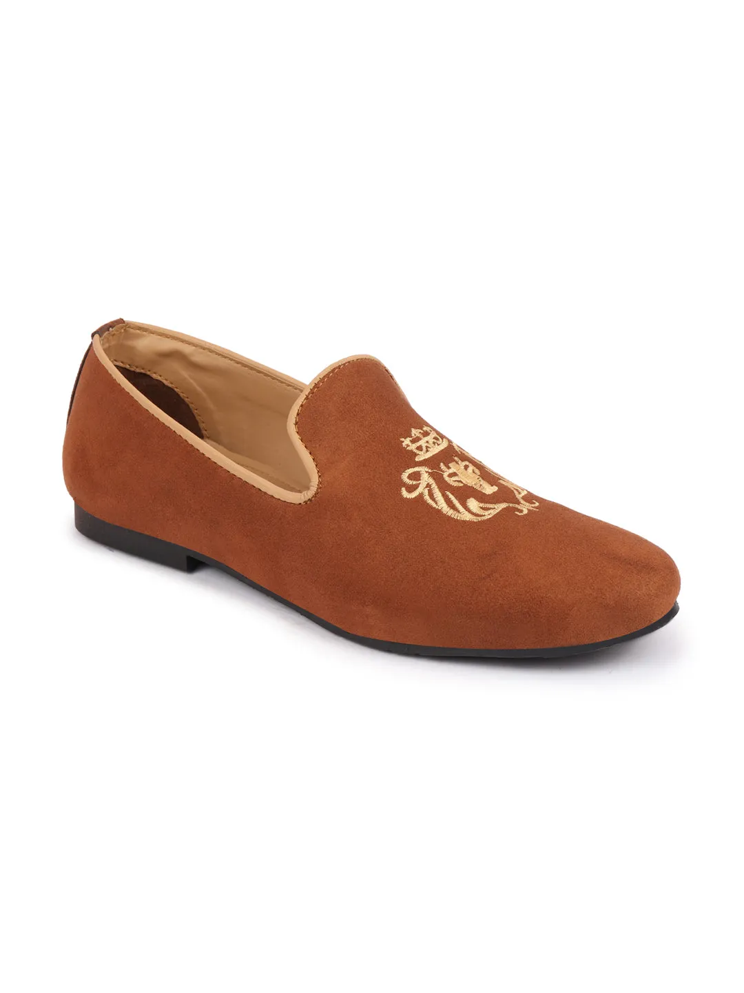 Men Tan Embroidered Velvet Slip On Loafers