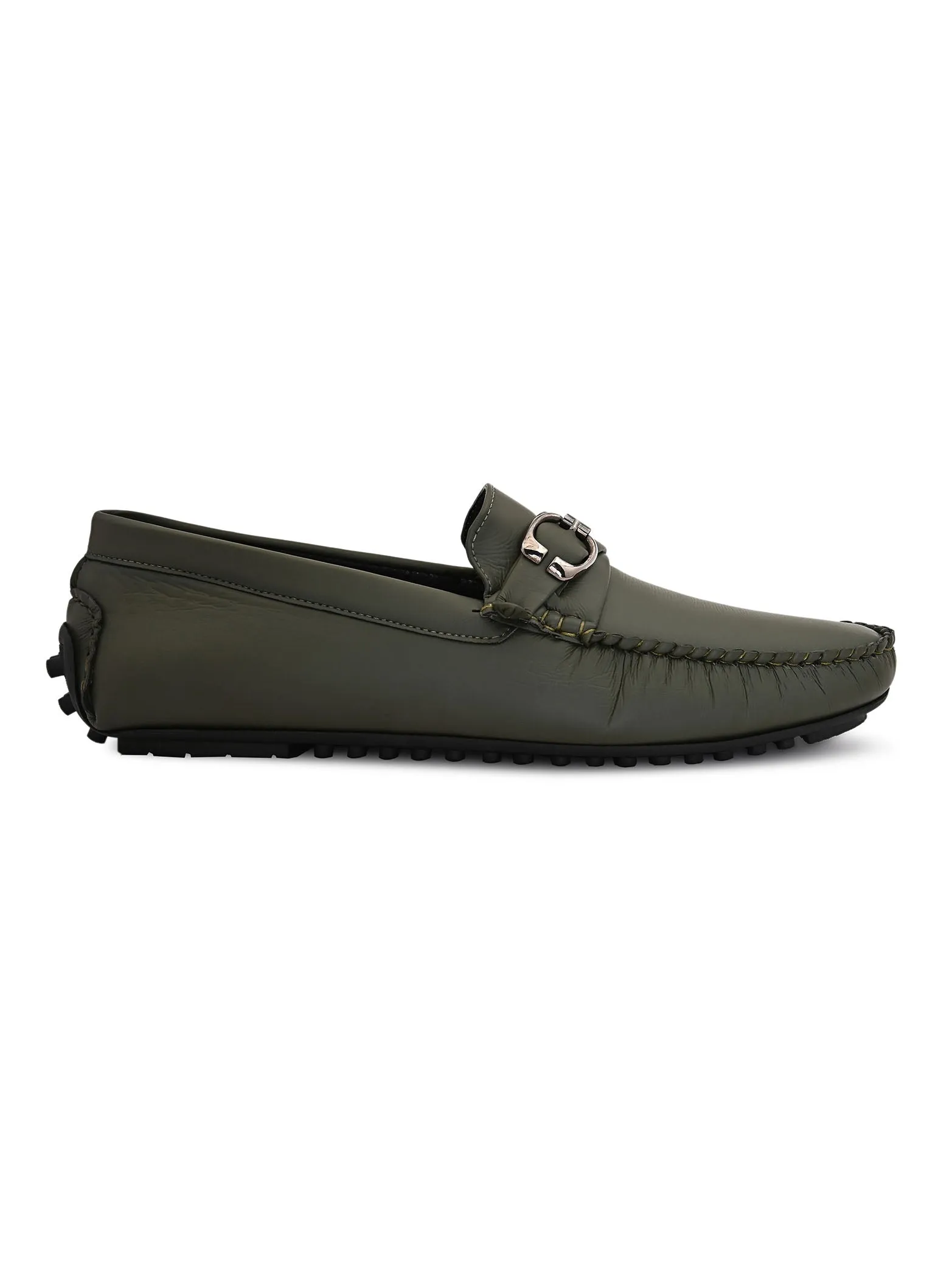 Olive Loafers With Buckle Closure