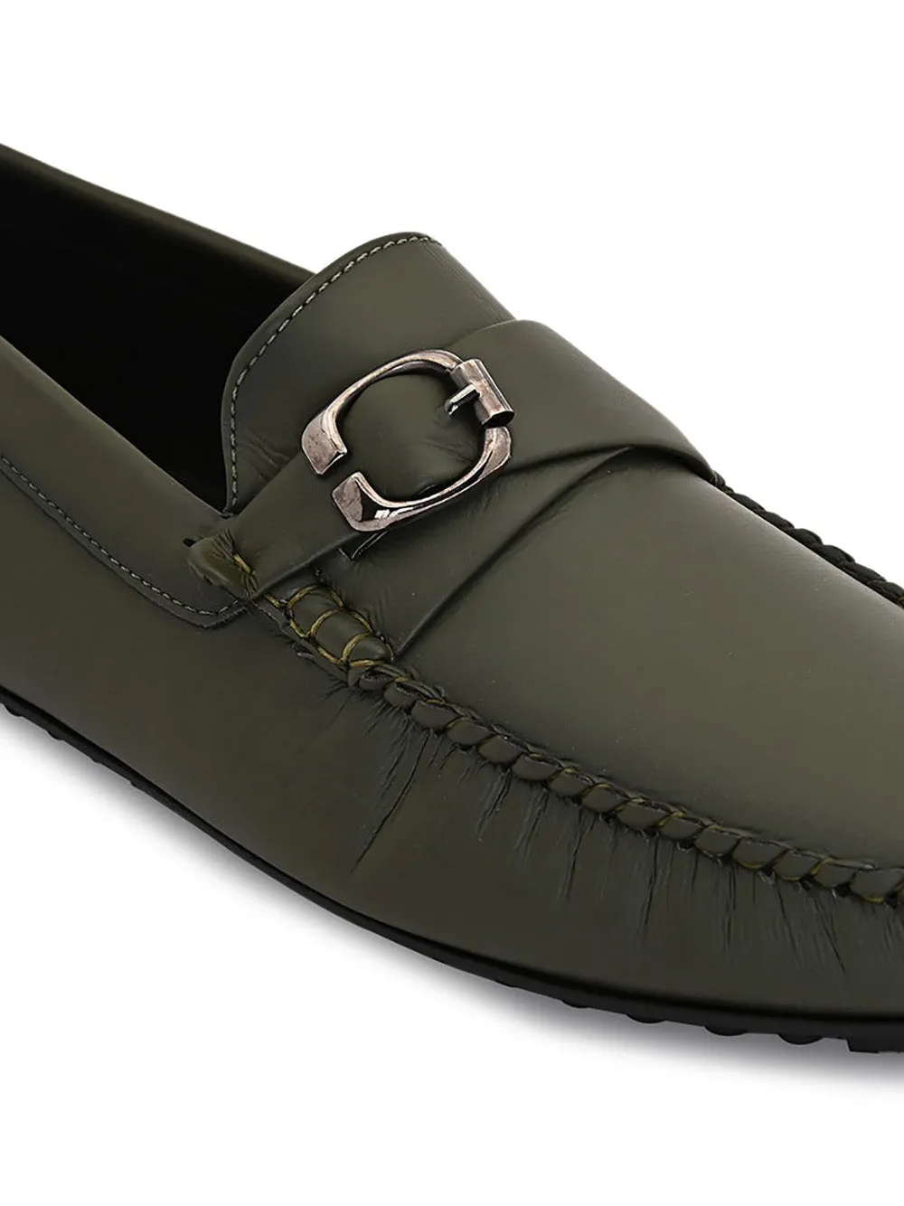 Olive Loafers With Buckle Closure