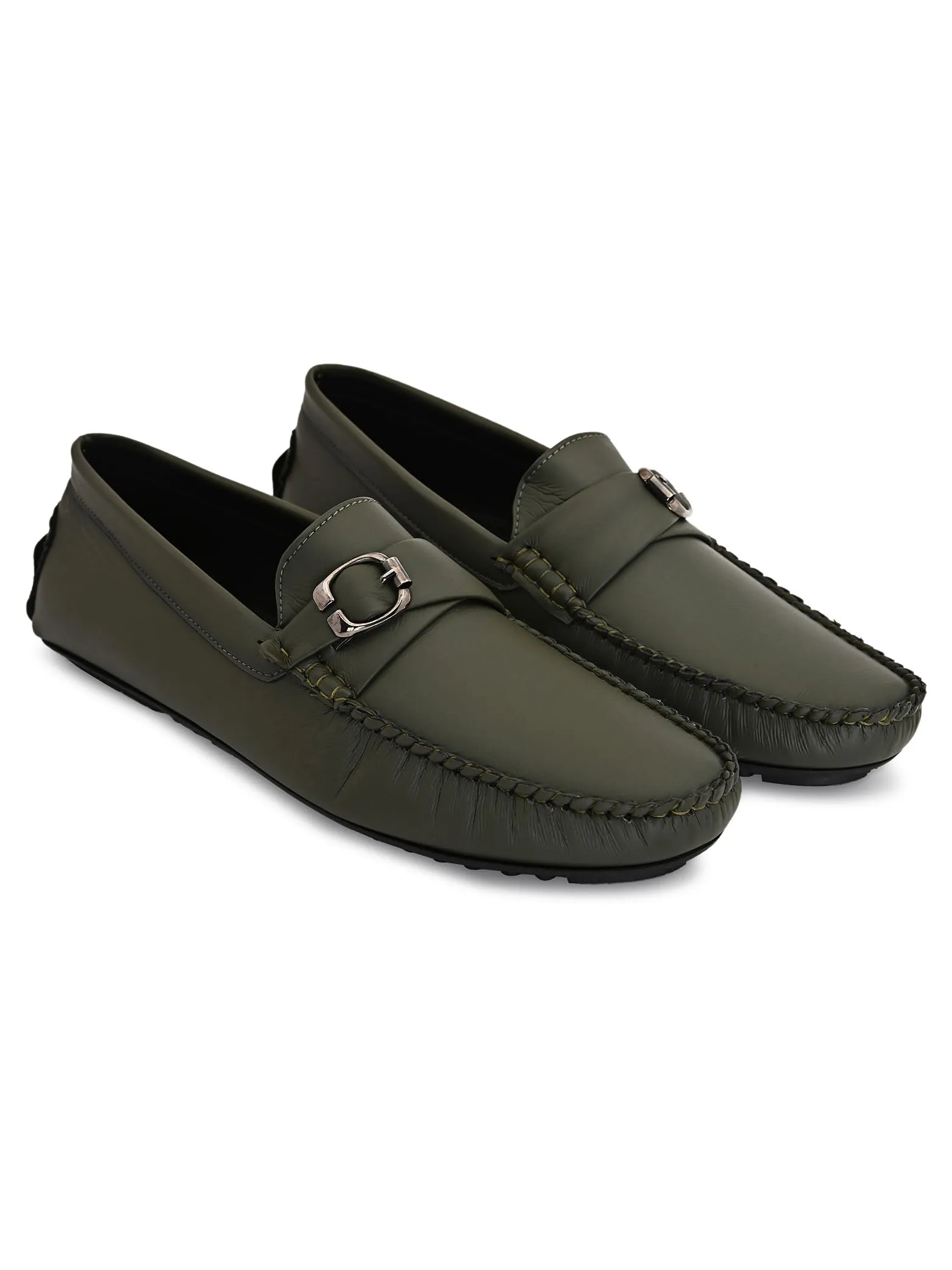 Olive Loafers With Buckle Closure