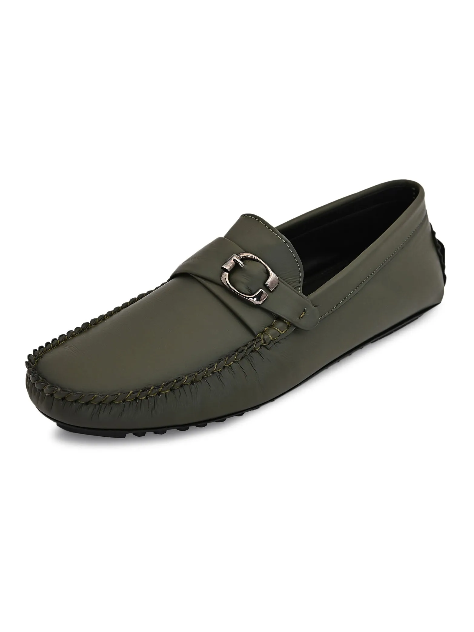 Olive Loafers With Buckle Closure