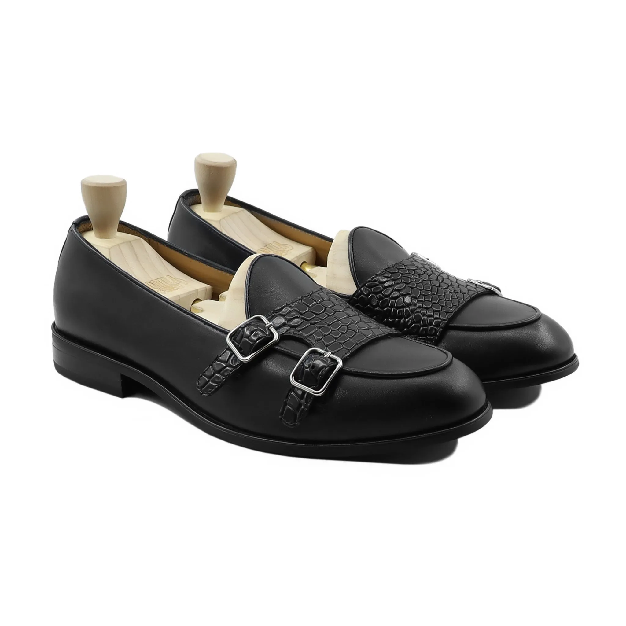 Paterson - Men's Black Calf and Crocodile Printed Leather Double Monkstrap