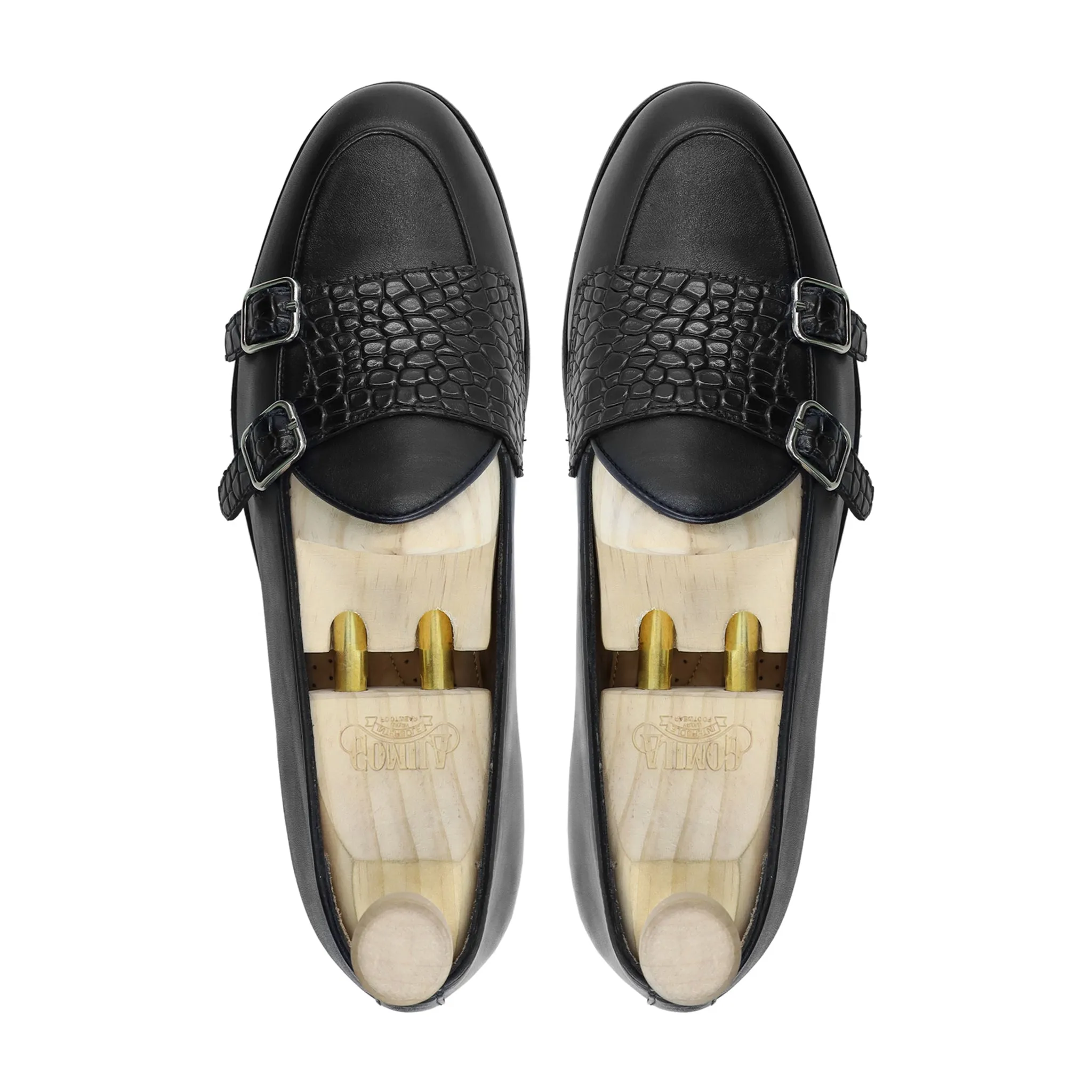 Paterson - Men's Black Calf and Crocodile Printed Leather Double Monkstrap