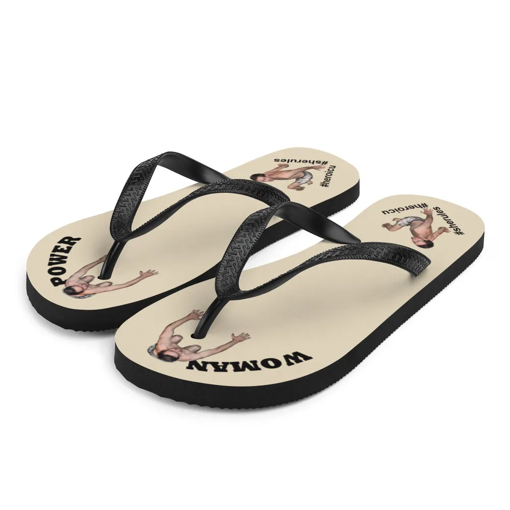 Woman Power Fabric Top Flip Flop Sandal Has Men Bow To Your Toes Beige Color with Black Letters (NEW 2023-04)