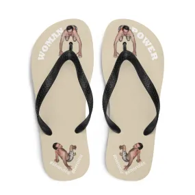 Woman Power Fabric Top Flip Flop Sandal Has Men Bow To Your Toes Beige Color with White Letters (NEW 2023-04)