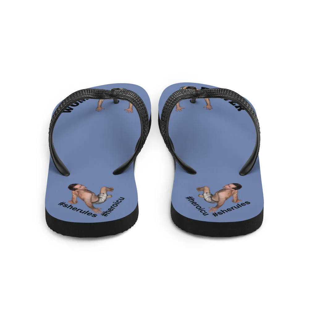 Woman Power Fabric Top Flip Flop Sandal Has Men Bow To Your Toes Blue Gray Color with Black Letters (NEW 2023-04)