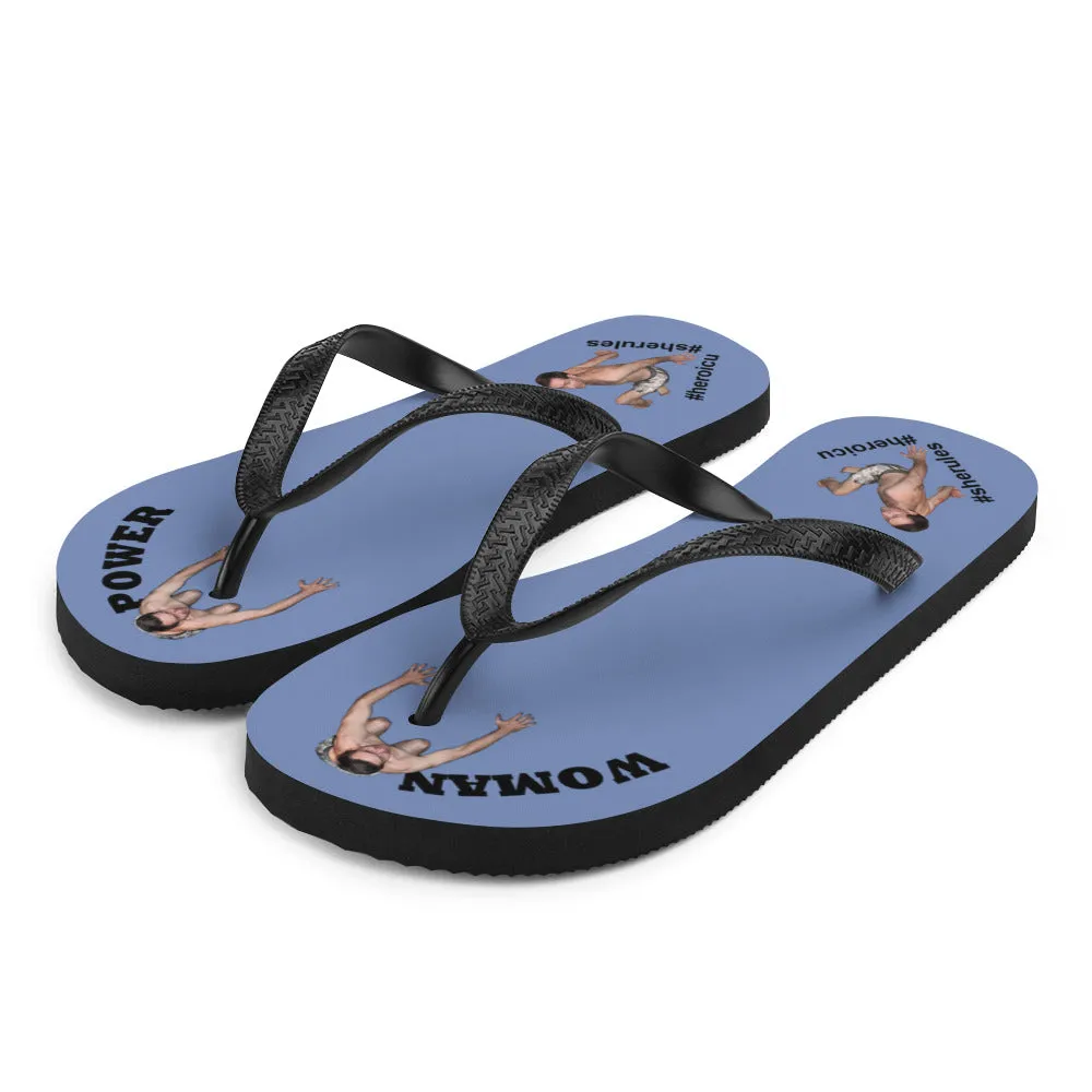 Woman Power Fabric Top Flip Flop Sandal Has Men Bow To Your Toes Blue Gray Color with Black Letters (NEW 2023-04)