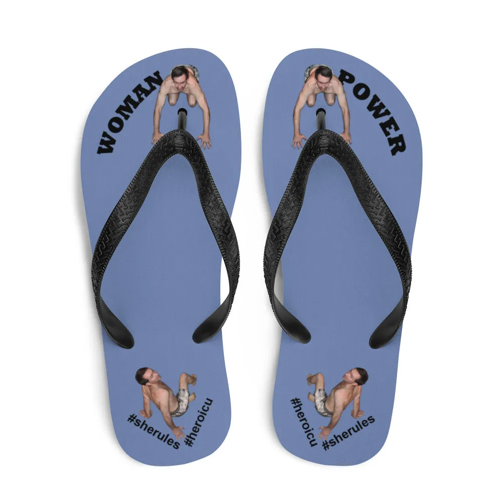 Woman Power Fabric Top Flip Flop Sandal Has Men Bow To Your Toes Blue Gray Color with Black Letters (NEW 2023-04)