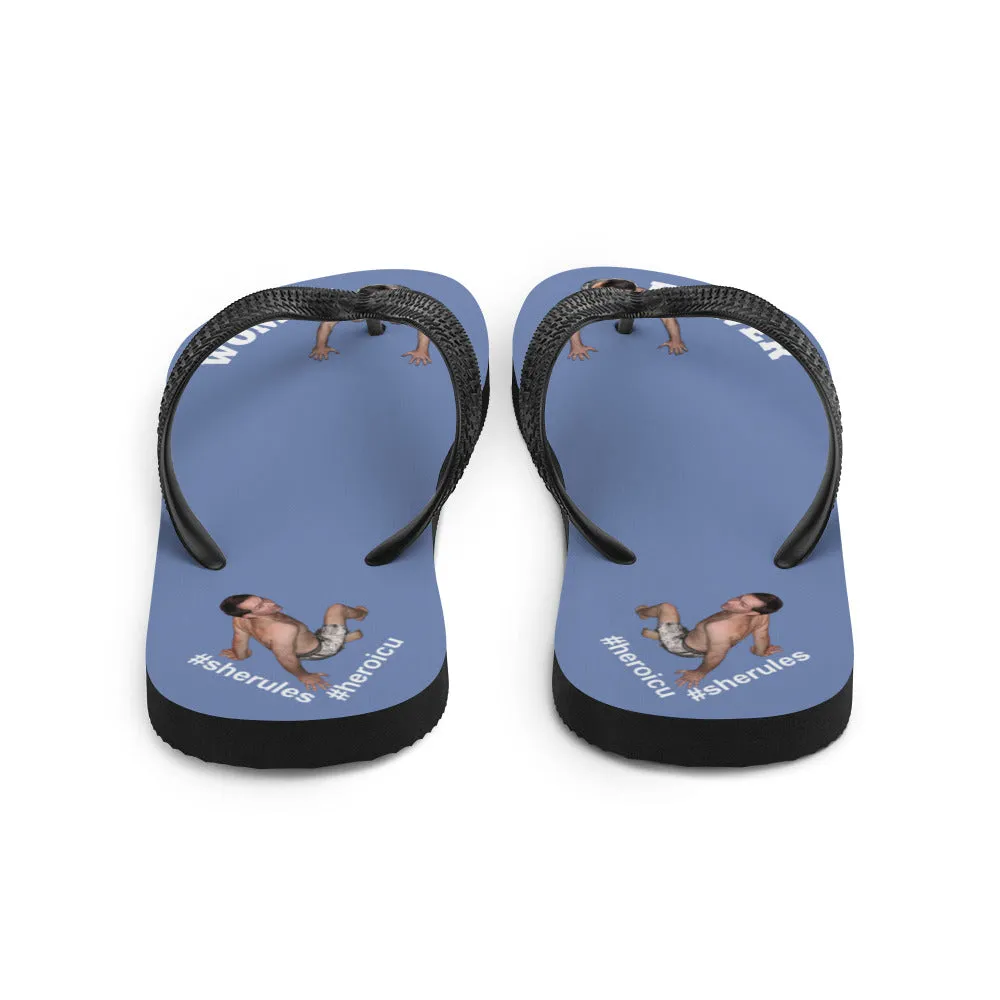 Woman Power Fabric Top Flip Flop Sandal Has Men Bow To Your Toes Blue Gray Color with White Letters (NEW 2023-04)