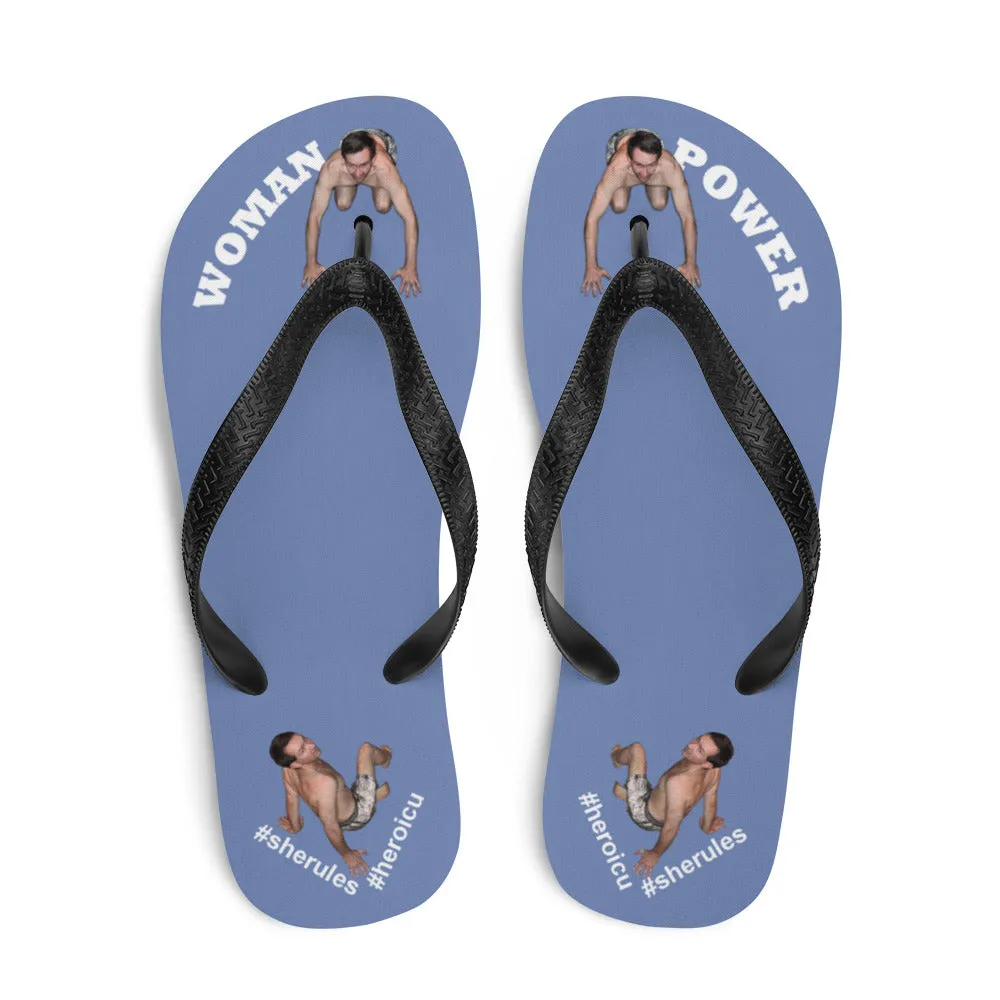 Woman Power Fabric Top Flip Flop Sandal Has Men Bow To Your Toes Blue Gray Color with White Letters (NEW 2023-04)