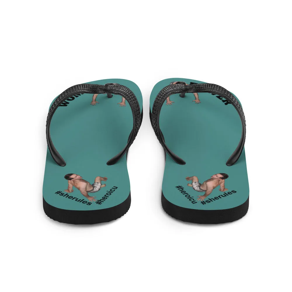 Woman Power Fabric Top Flip Flop Sandal Has Men Bow To Your Toes Teal Color with Black Letters (NEW 2023-04)