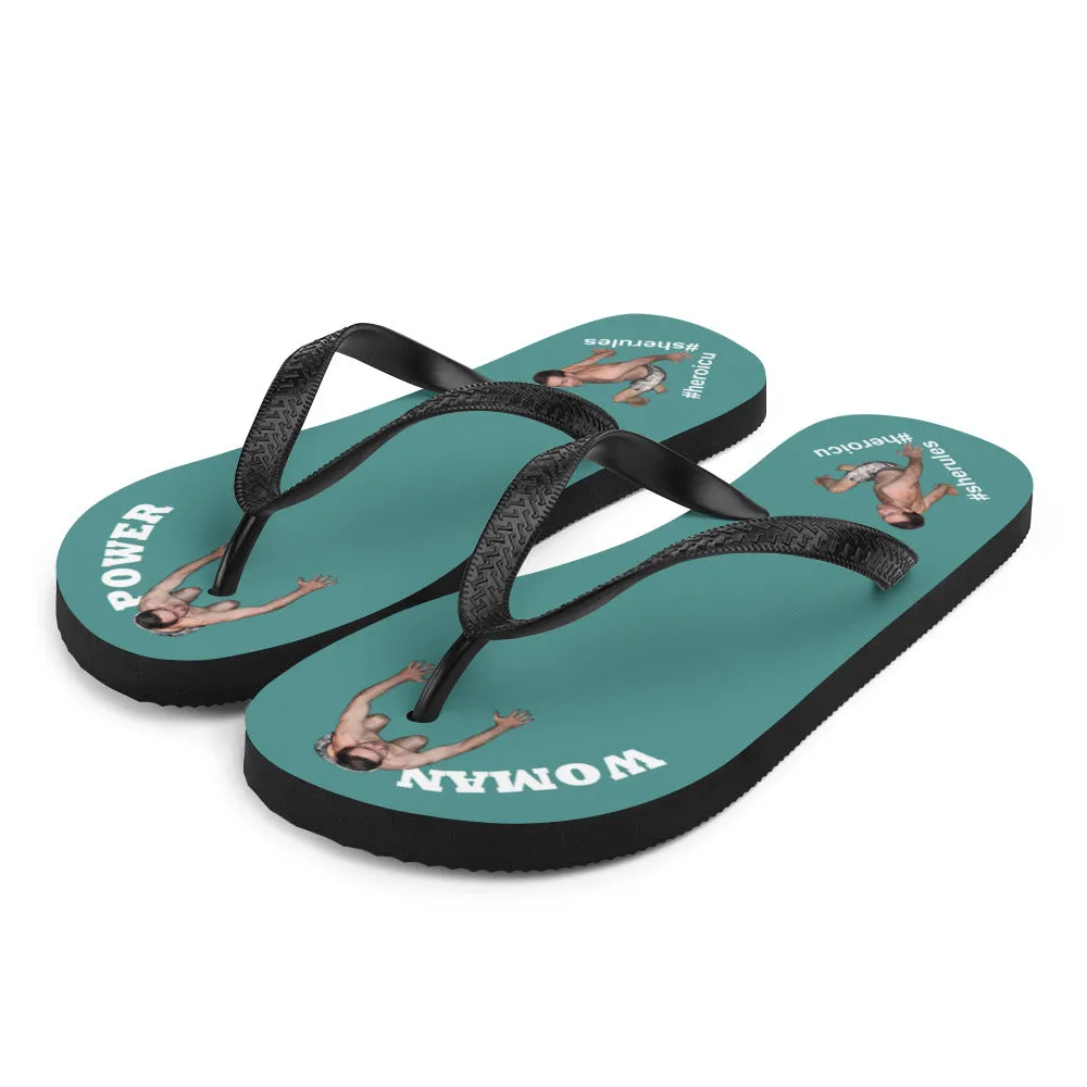 Woman Power Fabric Top Flip Flop Sandal Has Men Bow To Your Toes Teal Color with White Letters (NEW 2023-04)