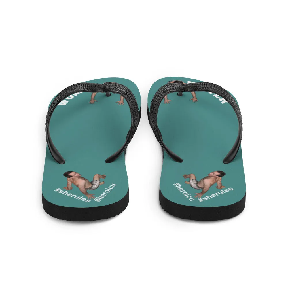 Woman Power Fabric Top Flip Flop Sandal Has Men Bow To Your Toes Teal Color with White Letters (NEW 2023-04)