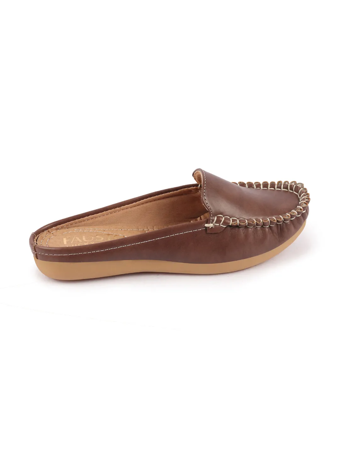 Women Brown Side Stitched Back Open Slip On Mules Shoes