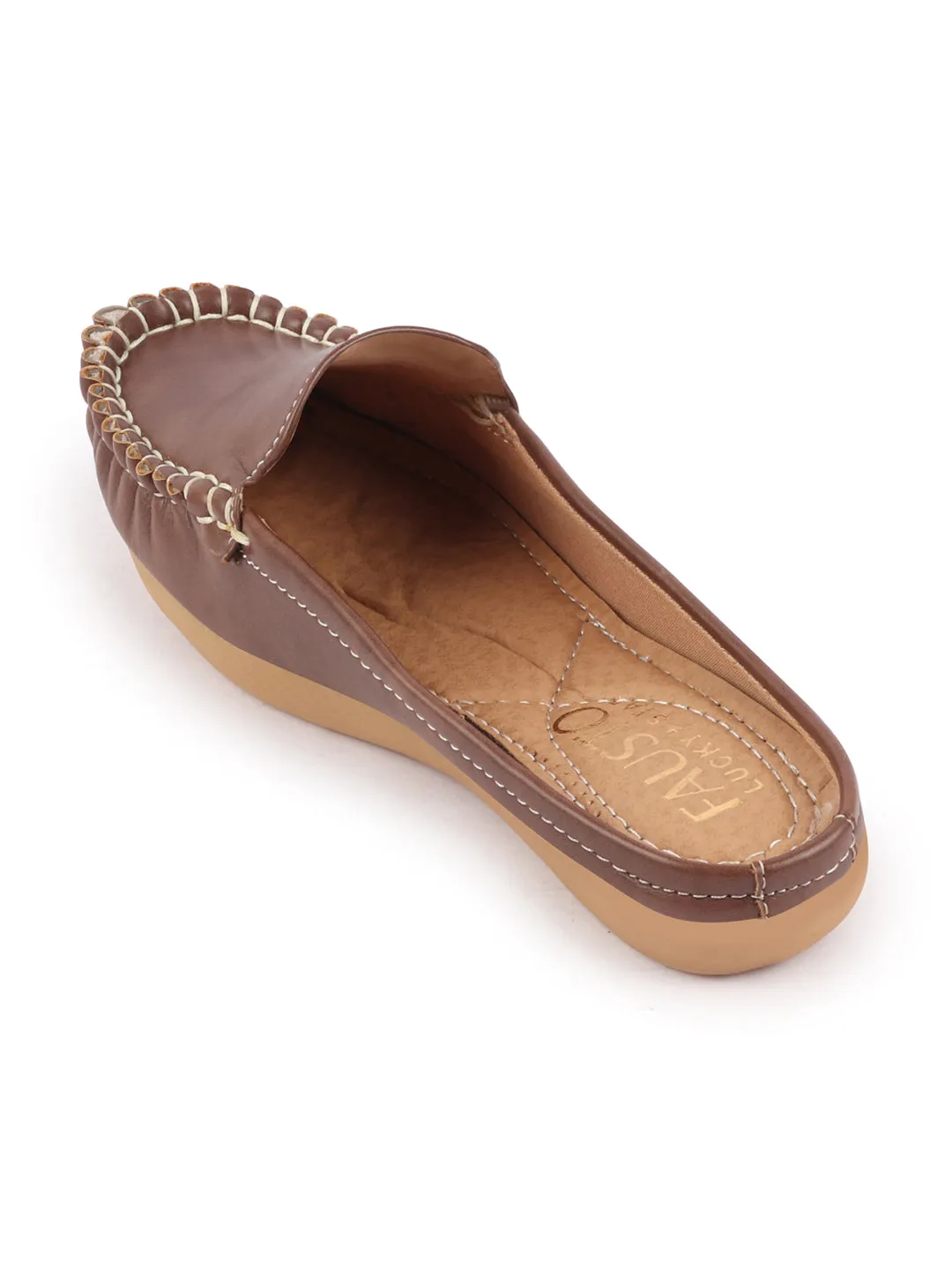 Women Brown Side Stitched Back Open Slip On Mules Shoes