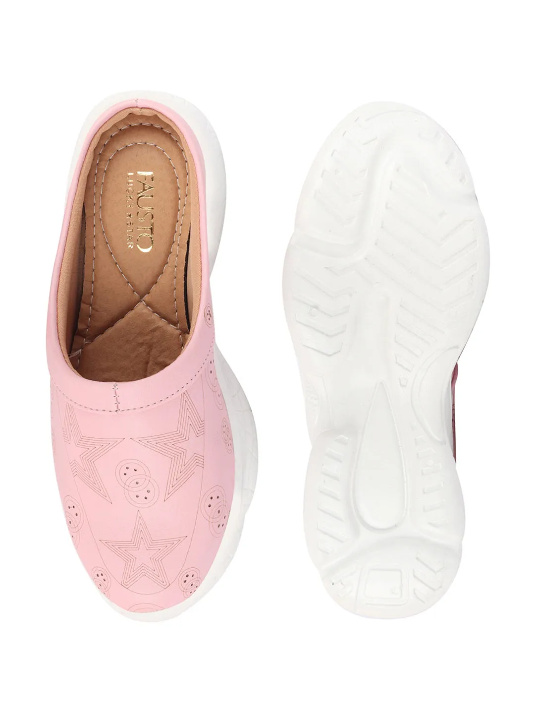 Women Pink Laser Cut Star Design Back Open Slip-On Mules Shoes