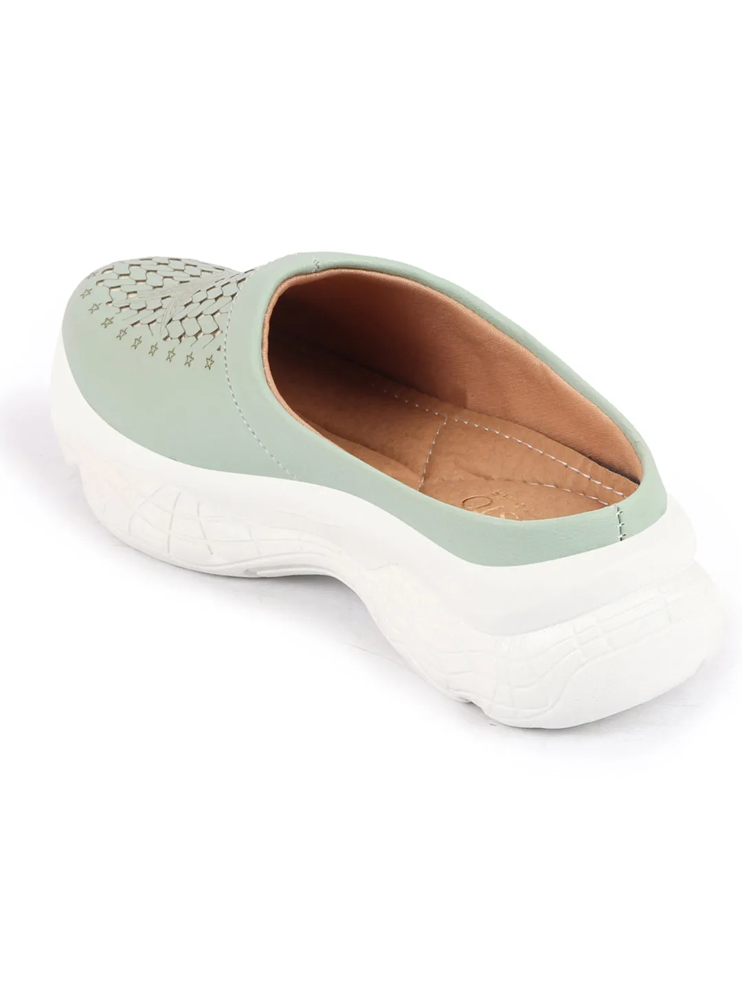 Women Pista Green Laser Cut Design Stitched Back Open Slip-On Mules Shoes