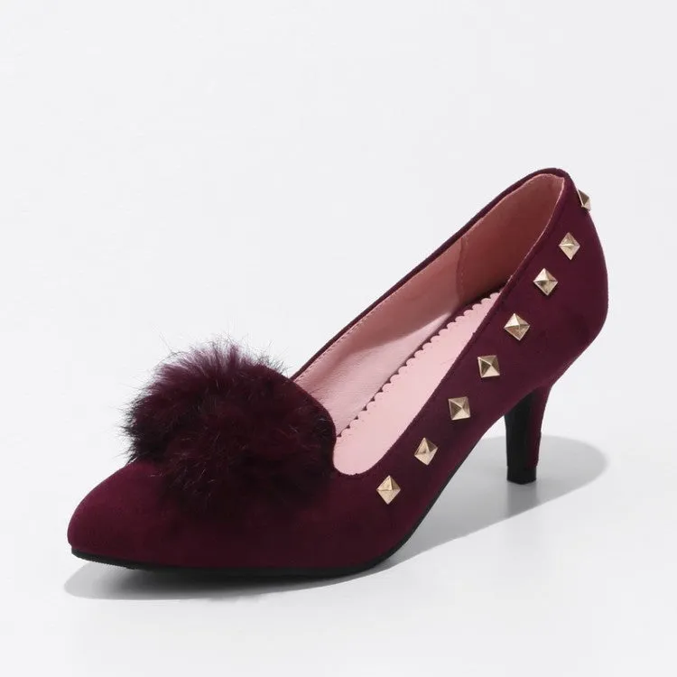 Women's Flock Pointed Toe Furry Rivets Shallow Stiletto Heel Pumps