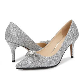 Women's Glittery Rhinestone Bow Tie Shallow Stiletto Heel Pumps