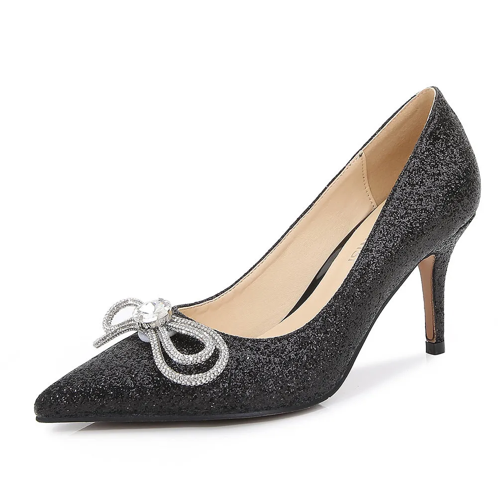 Women's Glittery Rhinestone Bow Tie Shallow Stiletto Heel Pumps