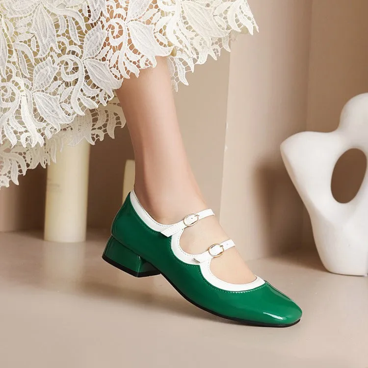 Women's Jelly Glossy Buckles Belts Puppy Heel Chunky Heels Pumps Shoes