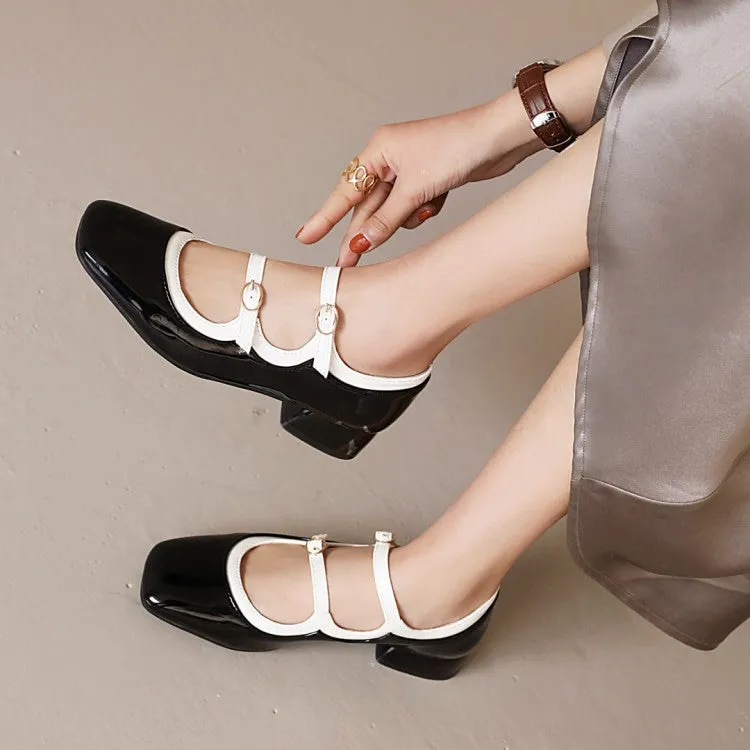 Women's Jelly Glossy Buckles Belts Puppy Heel Chunky Heels Pumps Shoes