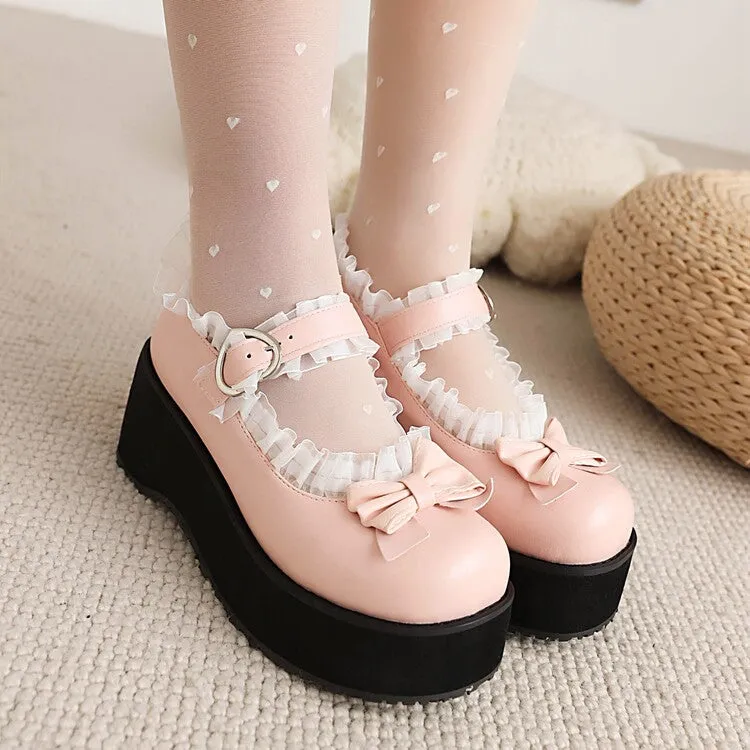 Women's Lolita Round Toe Lace Bow Tie Wedge Heel Platform Pumps