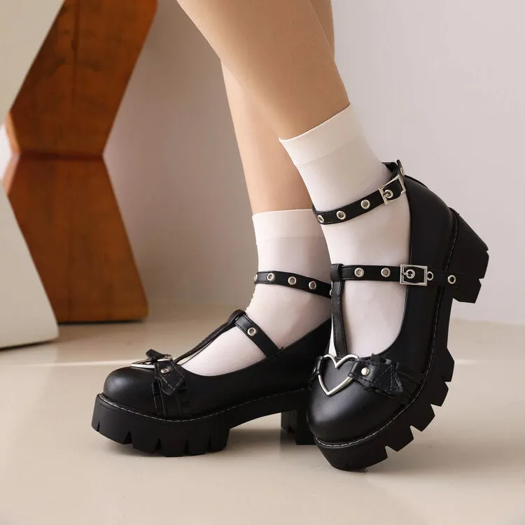 Women's Mary Janes Love Hearts T Strap Buckle Straps Block Chunky Heel Platform Pumps