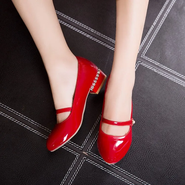 Women's Patent Leather Mary Jane Block Heels Pumps