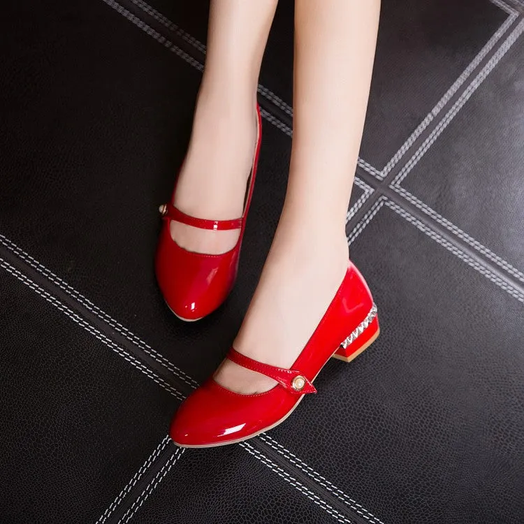 Women's Patent Leather Mary Jane Block Heels Pumps