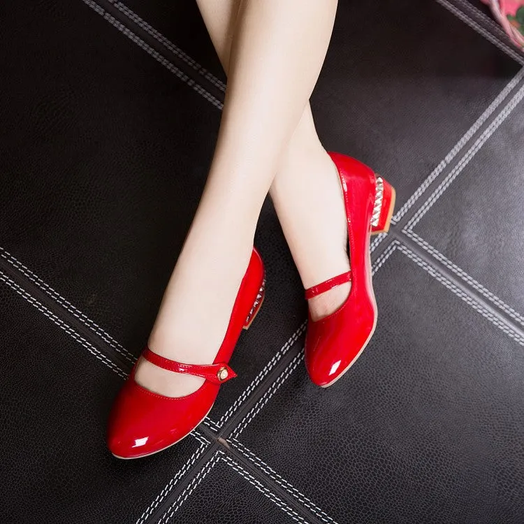 Women's Patent Leather Mary Jane Block Heels Pumps