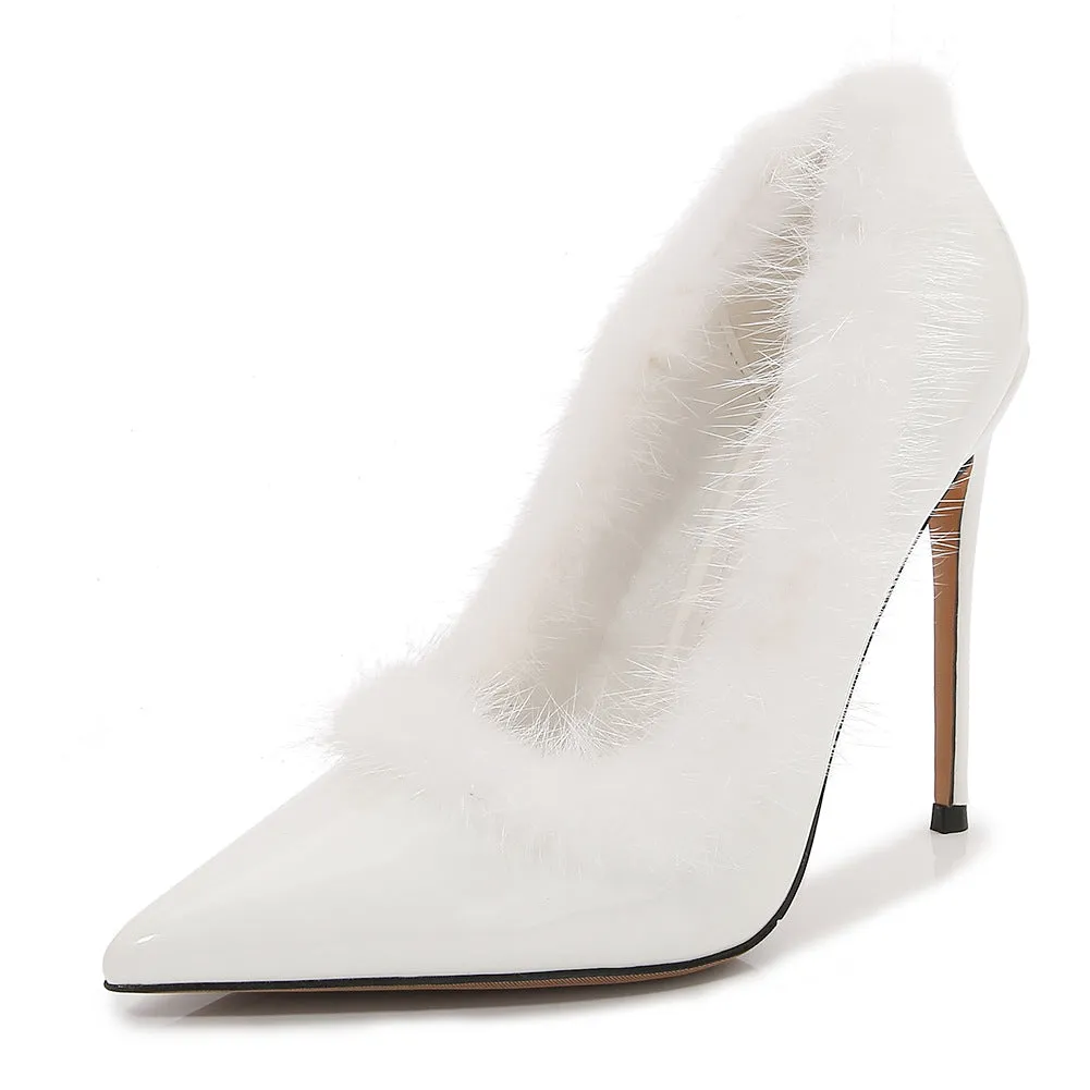 Women's Pointed Toe Furry Shallow Stiletto Heel Pumps